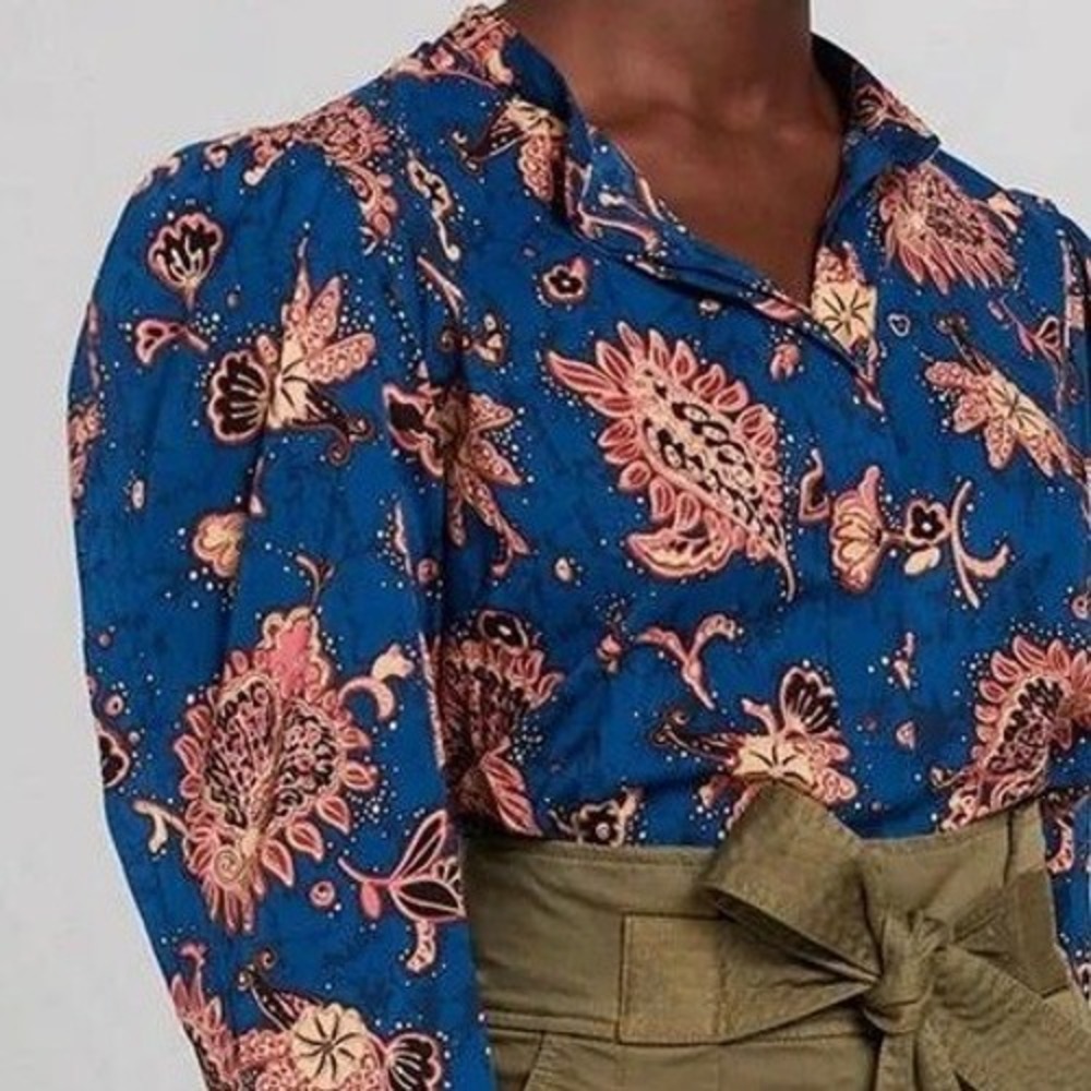 A.L.C. Willa Blouse Women's 4 Blue Floral Paisley Puff Sleeve Batik Top